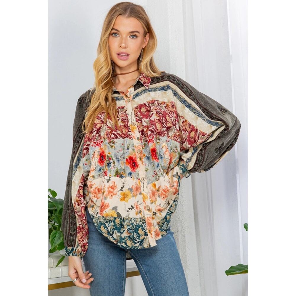 Young Threads Bishop Sleeves Loose Western Printed Button Up Shirt Top Large